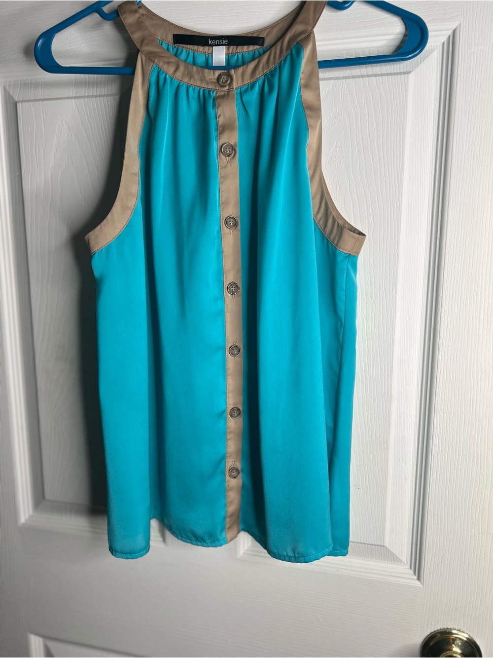 Kensie Turquoise Sleeveless Button-Front chiffon Halter Top with Tan Trim